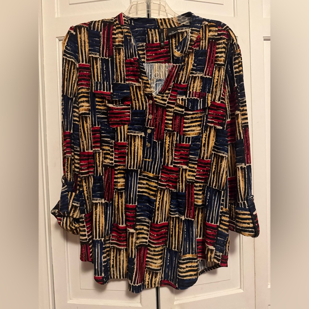 New Directions Red, Gold, and Black Geometric medium Blouse